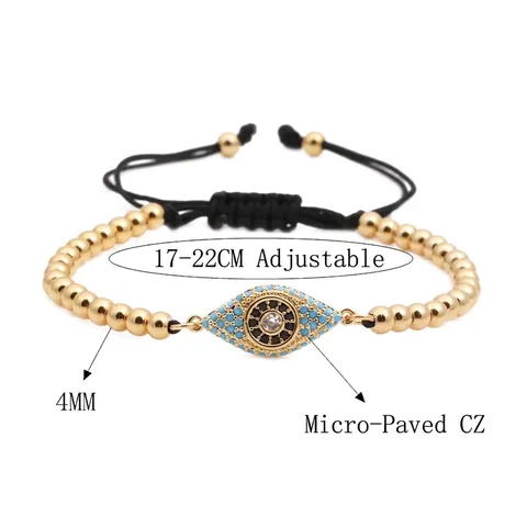 Bracciale Con Perline Malocchio Perline Di Rame Micro Pave Zirconia Corda Intrecciata Regolabile Gioielli Boho Donna Uomo