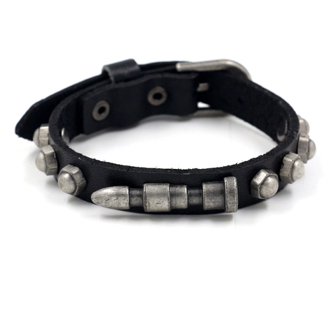 Herren Echtleder Armband Vintage Punk Nieten Patrone Mutter Verstellbares Armband Goth Schmuck