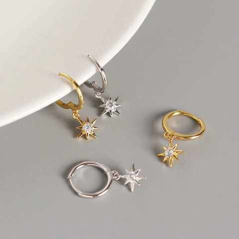 Boucles d'Oreilles Clous en Argent Sterling 925 Forme Étoile Octogonale Femme Zirconia Étoile Polaire Géométrique Bijoux de Mode