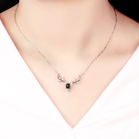Fashion White Copper Deer Antler Pendant Necklace 100 Languages I Love You Projection Rhinestone Necklace For Women Jewelry Gift