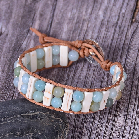 Bohemian Handmade Woven Wrap Bracelet Natural Amazonite Imperial Stone Agate Genuine Leather Heart Button Retro Ethnic