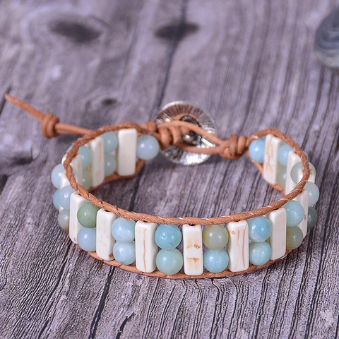 Bohemian Handmade Woven Wrap Bracelet Natural Amazonite Imperial Stone Agate Genuine Leather Heart Button Retro Ethnic