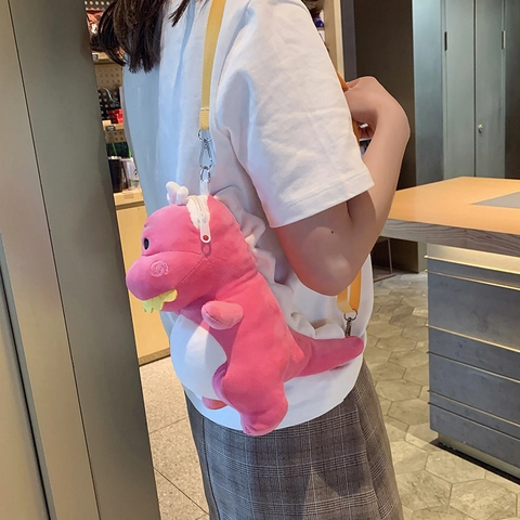 Cute Dinosaur Shaped Plush Crossbody Bag For Women Cartoon Animal Soft Plush Small Shoulder Bag Mini Phone Messenger Bag