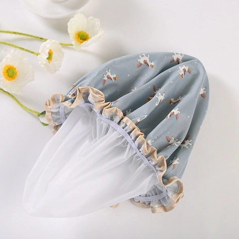 Double Layer Waterproof Shower Cap PEVA Polyester Hair Bathing Hat With Elastic Band Cartoon Prints For Women Girls