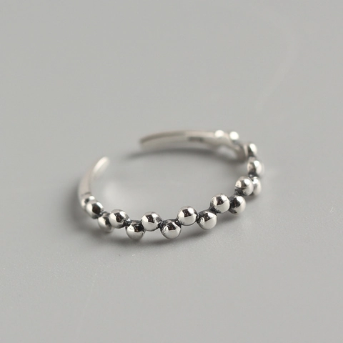 925 Sterling Silver Beaded Open Ring For Women Minimalist Ball Chain Design Adjustable Vintage Style Jewelry