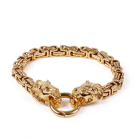 Men Stainless Steel Byzantine Chain Bracelet Dual Lion Head Punk Rock Gothic Biker Jewelry For Men