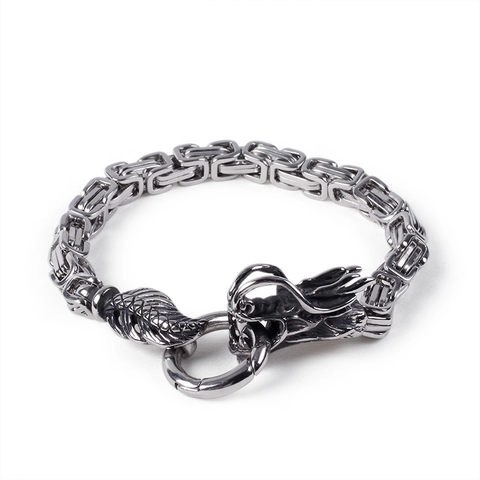 Men Byzantine Chain Bracelet Stainless Steel Dragon Head Punk Gothic Vintage Retro Jewelry Heavy Duty Biker Style