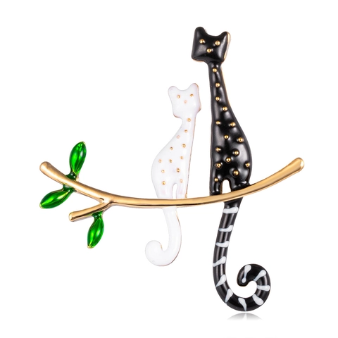 Süße Katzen Brosche Für Damen Legierung Emaille Tier Schwarz Und Weiß Katzen Auf Goldenem Zweig Mode Kleidung Zubehör
