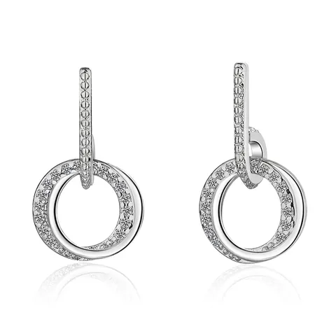 Boucles d'Oreilles Clous en Cuivre Plaqué Or Blanc Double Cercle Géométrique avec Strass pour Femme Bijoux Minimalistes