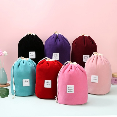 Velvet Cylindrical Drawstring Makeup Bag Portable Travel Cosmetic Storage Organizer Pouch Soft Velour Large Capacity