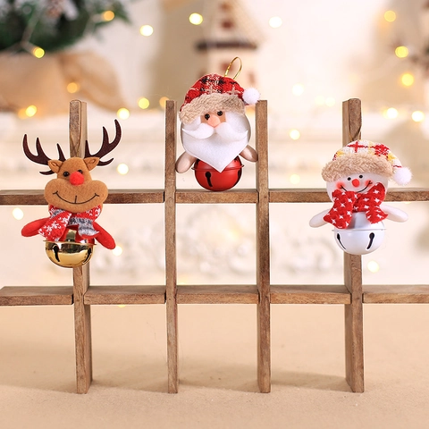 Christmas Plush Doll Ornaments With Metal Bell Plaid Santa Claus Snowman Reindeer Hanging Decor For Home Christmas Tree