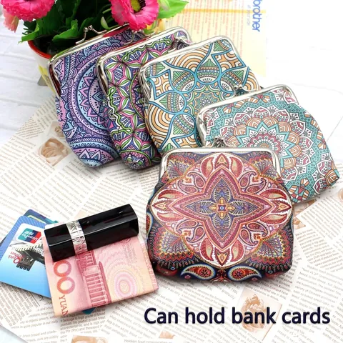 Porte-Monnaie Ethnique À Motif Mandala Femmes Cuir PU Fermoir Baiser Métal Portefeuille Petit Porte-Cartes Portable