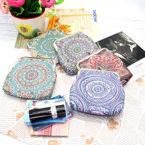 Porte-Monnaie Ethnique À Motif Mandala Femmes Cuir PU Fermoir Baiser Métal Portefeuille Petit Porte-Cartes Portable
