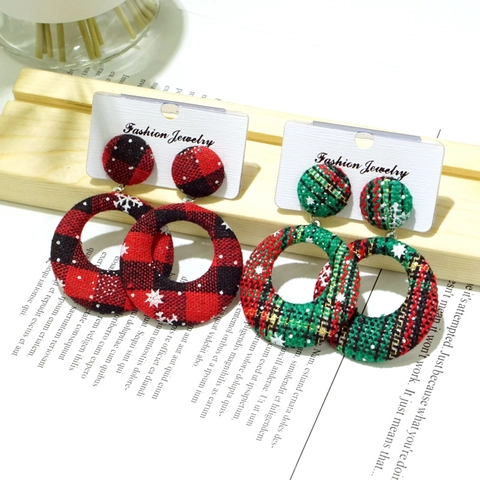 Christmas Plaid Fabric Round Hoop Stud Earrings With Stainless Steel Earring Post Geometric Snowflake Pattern For Women