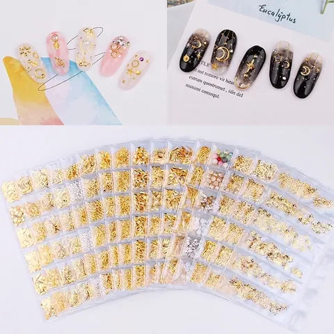 Gold Metall Nagelkunst Nieten Studs Hohl Geometrische Stern Mond Herz Muschel Charms Japanischer Stil Dekoration