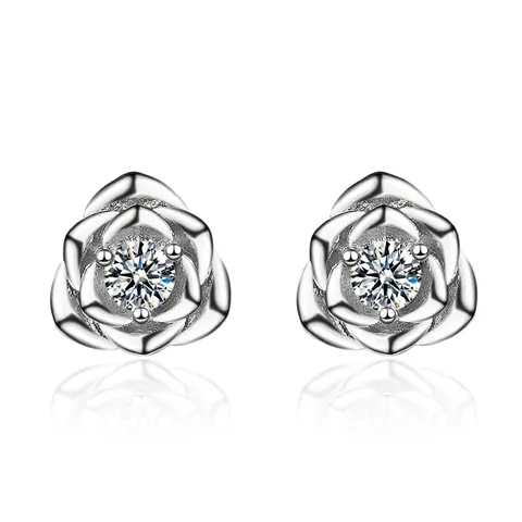 Roos Bloem Oorknopjes Witgoud Verguld Koper Heldere Zirkoon Koreaanse Elegante Sieraden Voor Dames