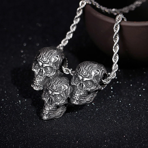 Retro Triple Skull Pendant Stainless Steel Hip Hop Punk Gothic Streetwear Accessory For Men