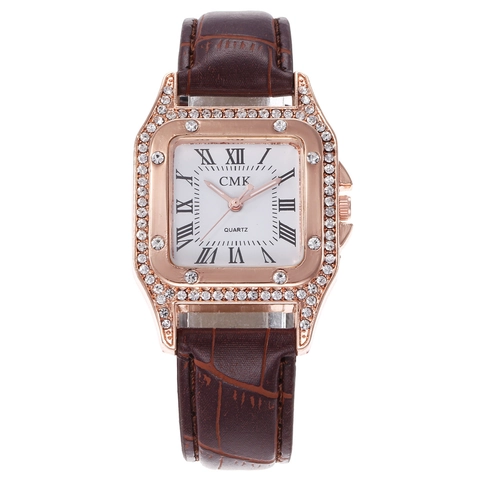 Montre À Quartz Pour Femme Boîtier Carré Or Rose Lunette En Strass Cadran Chiffres Romains Bracelet Cuir Motif Crocodile Élégante