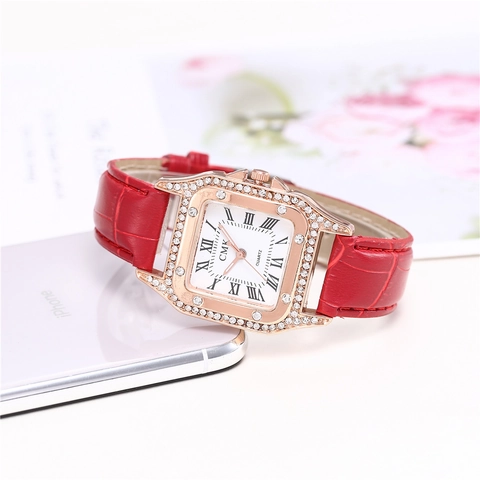 Montre À Quartz Pour Femme Boîtier Carré Or Rose Lunette En Strass Cadran Chiffres Romains Bracelet Cuir Motif Crocodile Élégante
