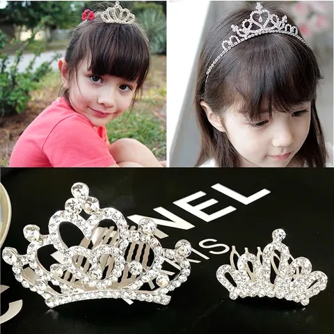 Rhinestone Princess Crown Tiara Hair Accessories For Kids Girls Alloy Heart Shaped Headbands Hair Combs Clips For Birthday Party Wedding