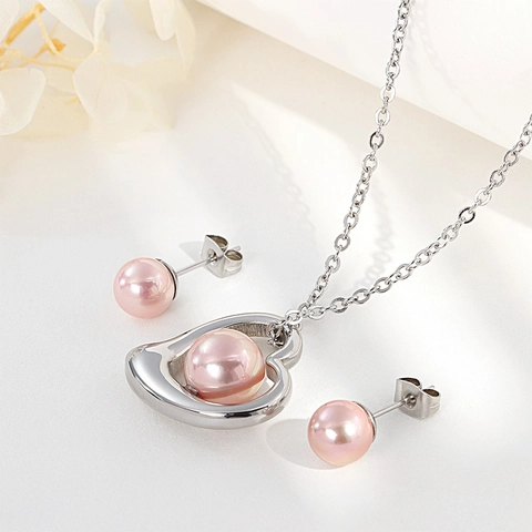 Collana Con Ciondolo A Cuore E Perla Artificial E Orecchini In Acciaio Inossidabile Gioielli Eleganti Da Donna