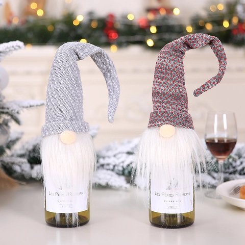 Christmas Gnome Wine Bottle Cover Knitted Faceless Doll Santa Bottle Sleeve For Holiday Dining Table Party Decoration Grey Red