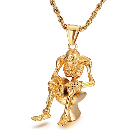 Skeleton Sitting On Toilet Pendant Stainless Steel Hip Hop Punk Gothic Novelty Jewelry For Men Women