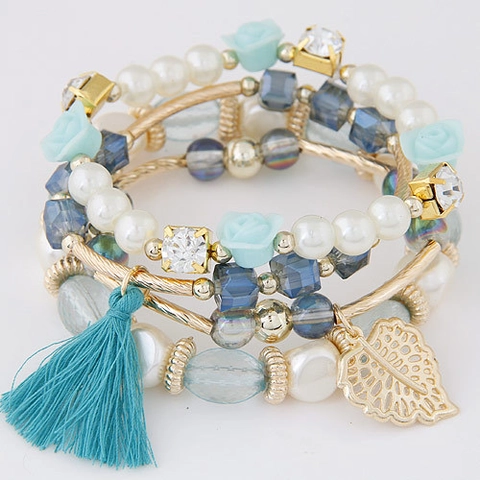 Bohemian Layered Bracelet For Women With Faux Artificial Pearls Resin Flowers Crystal Beads Alloy Leaf Pendant And Tassels