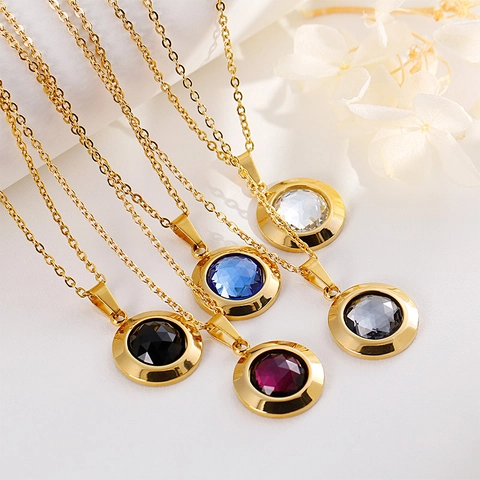 Juego de Joyas de Acero Inoxidable con Diamantes de Imitación Collar Redondo Pendientes de Botón Mujer Chapado en Oro
