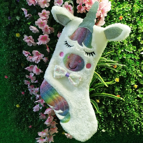 Unicorn Christmas Stocking White Plush Rainbow Sequin LED Light Up Hanging Gift Bag Holiday Fireplace Decoration