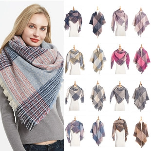 Women's Thick Plaid Square Scarf Large Brushed Shawl Wrap Warm Winter Tassel Blanket Scarf Multicolor Geometric Scarf