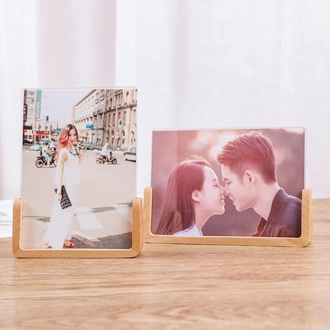 Modern Wooden Photo Frame With Acrylic Panel Desktop U-Shaped Picture Holder Solid Beech Walnut Wood Stand