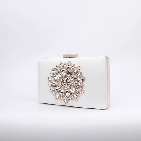 Evening Clutch Bag Rhinestone Crystal Flower Hard Shell PU Leather Wedding Party Handbag With Detachable Gold Chain For Women