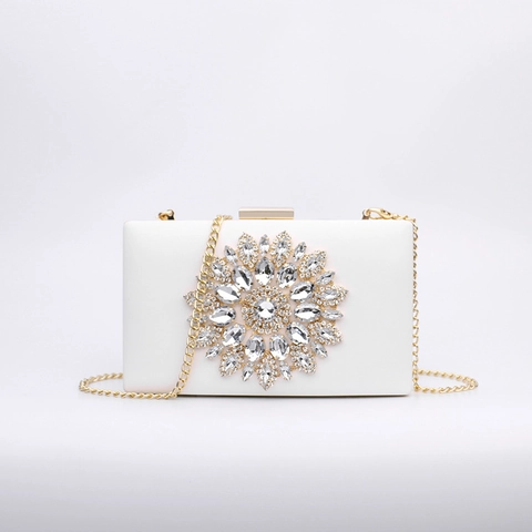 Evening Clutch Bag Rhinestone Crystal Flower Hard Shell PU Leather Wedding Party Handbag With Detachable Gold Chain For Women