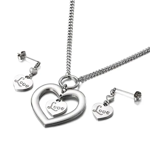 Collar Y Pendientes De Acero Inoxidable Doble Corazón Amor Grabado Hueco Joyería Romántica Regalo Para Mujeres
