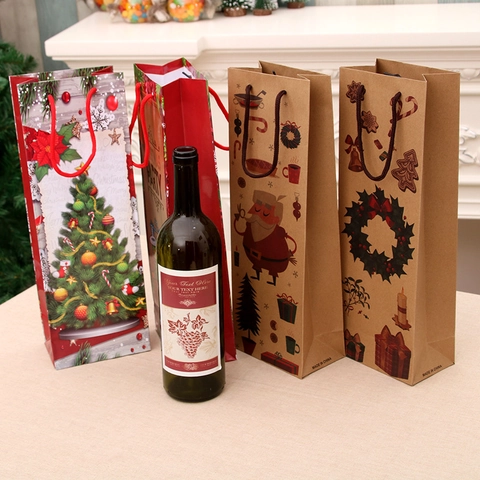 Christmas Wine Gift Bags Kraft Paper Bottle Packaging With Handle Festive Party Patterns Santa Snowman Xmas Tree