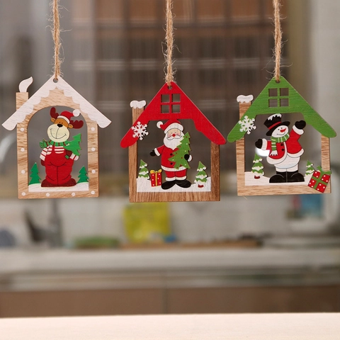 Weihnachts Holzanhänger Laser Geschnitten Haus Form Weihnachtsmann Rentier Schneemann Muster Feiertags Baumschmuck