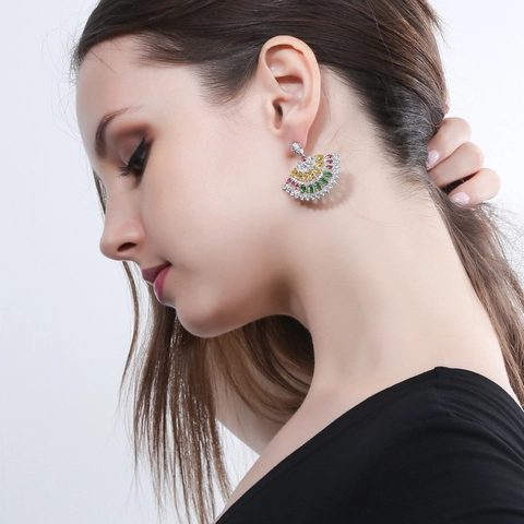 Elegante Collana E Orecchini A Forma Di Ventaglio Per Donna Rame Placcato Platino Zircone AAA Multicolore