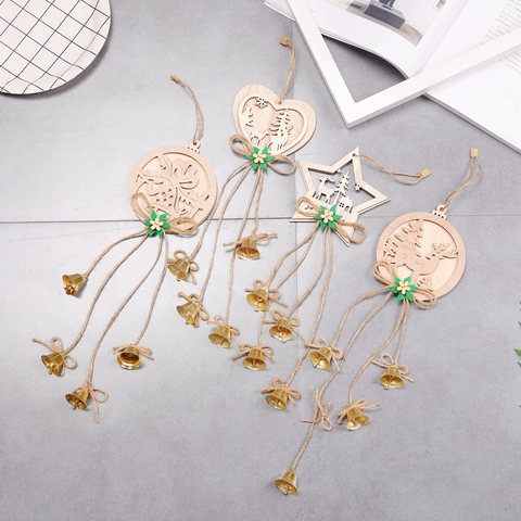 Christmas Hanging Ornaments Wooden Laser Cut Reindeer Tree Star Heart Metal Bells Hemp Rope Rustic Holiday Decoration