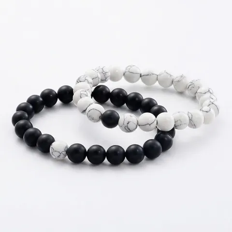 Beaded Bracelet Matte Black Agate White Turquoise Elastic String Natural Stone Jewelry Geometric Style For Men Women