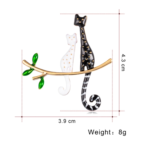 Süße Katzen Brosche Für Damen Legierung Emaille Tier Schwarz Und Weiß Katzen Auf Goldenem Zweig Mode Kleidung Zubehör