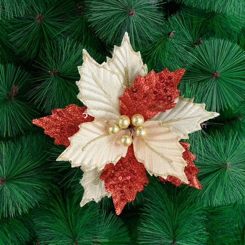 Fiori Di Poinsettia Di Natale Artificiali Tessuto Glitter Paillettes Decorazione Albero Di Natale Matrimonio Festa Rosso Oro