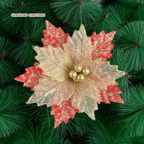Fiori Di Poinsettia Di Natale Artificiali Tessuto Glitter Paillettes Decorazione Albero Di Natale Matrimonio Festa Rosso Oro