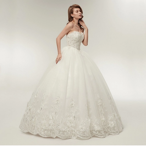 Abito Da Sposa Elegante Scollo A Cuore Applique In Pizzo Paillettes Tulle Abito Da Ballo Schiena Stringata Per Sposa Lungo Strascico