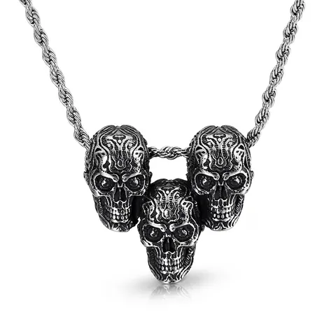 Retro Triple Skull Pendant Stainless Steel Hip Hop Punk Gothic Streetwear Accessory For Men