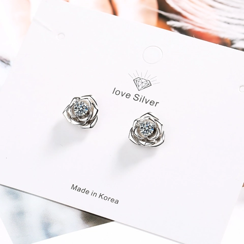 Roos Bloem Oorknopjes Witgoud Verguld Koper Heldere Zirkoon Koreaanse Elegante Sieraden Voor Dames