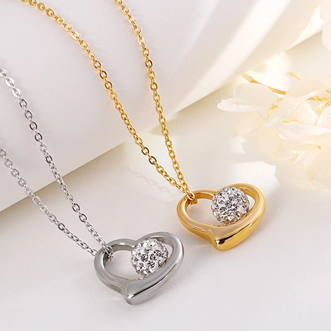 Conjunto De Joyas De Acero Inoxidable Para Mujer Collar De Corazón Brillante Y Pendientes De Bola De Cristal Elegante