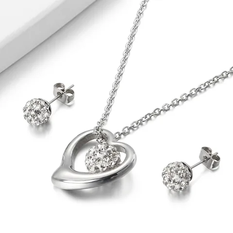 Hollow Heart Necklace And Rhinestone Ball Stud Earrings Stainless Steel Fashion Elegant For Women