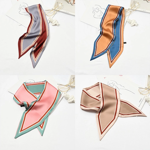 Dames Elegante Satijn Polyester Lint Sjaal Smalle Geometrische Streep Bedrukte Twilly Voor Haarelastiek Tas Handvat