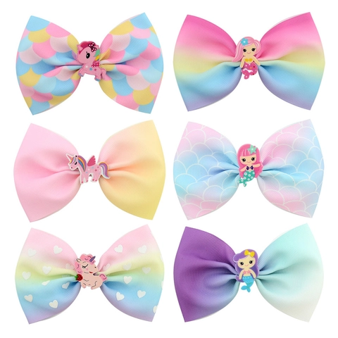Pince à Cheveux Nœud en Polyester Fait à la Main pour Filles Sirène Licorne Dégradé Accessoires de Coiffure en Gros-Grain